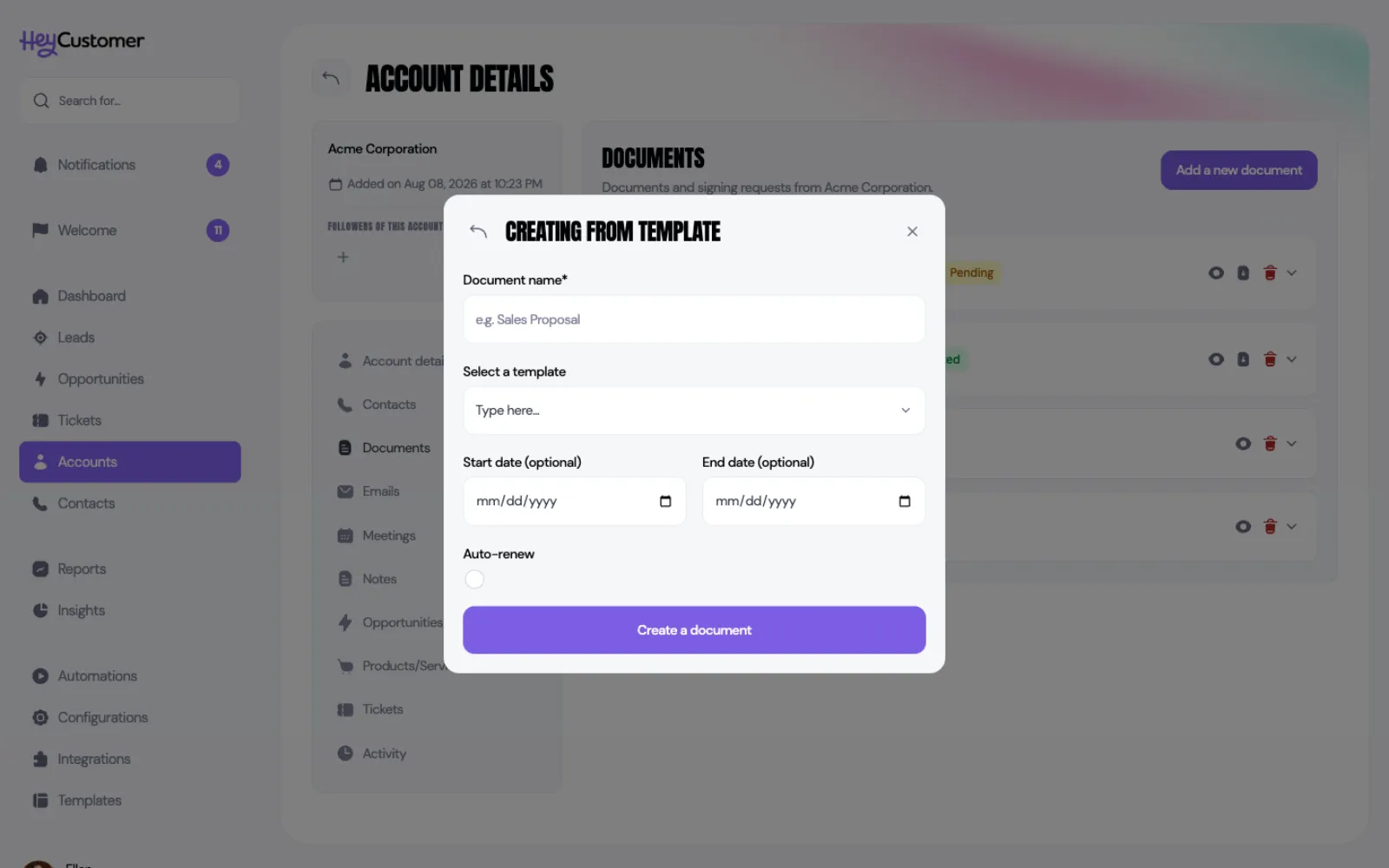 A modal titled Creating from template over an account's Documents section. It contains a required Document name field with the example Sales Proposal, a Select a template dropdown, optional Start date and End date fields, an Auto-renew switch, and a Create a document button.