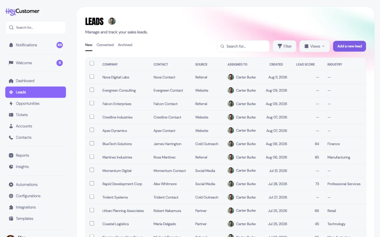 The Leads list with tabs for New, Converted and Archived. A table lists leads by company with columns for contact, source, assigned owner, created date, lead score and industry. Search, Filter, Views and Add a new lead controls sit above it.