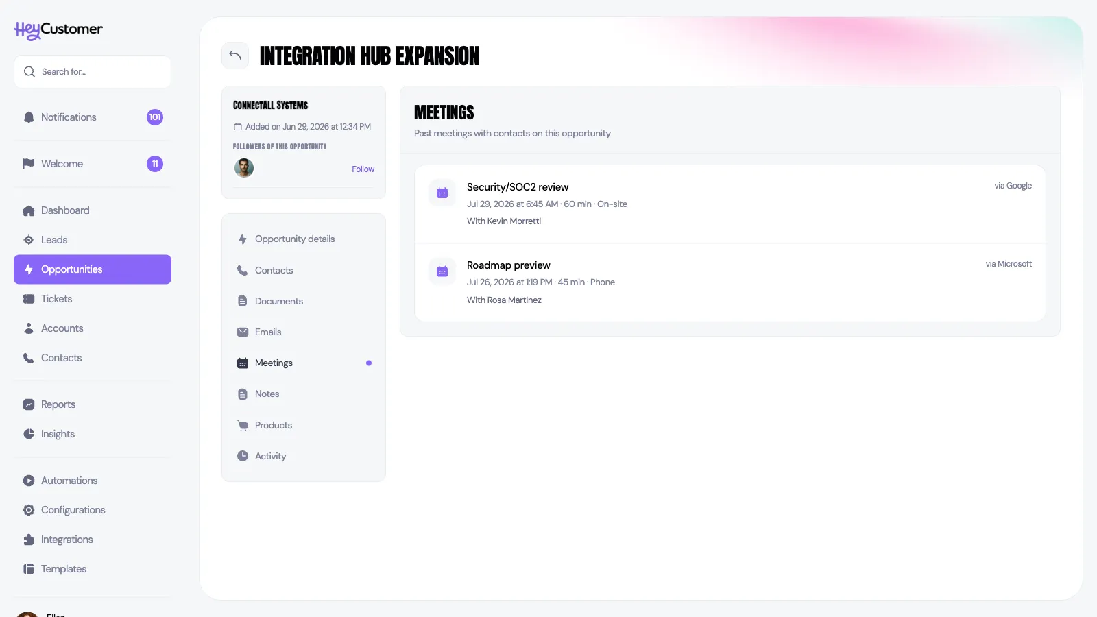 The Meetings section of an opportunity, headed Past meetings with contacts on this opportunity. Each row shows a meeting title, the date and time, its length, where it was held such as Google Meet or Zoom, who attended, and a label reading via Google or via Microsoft.