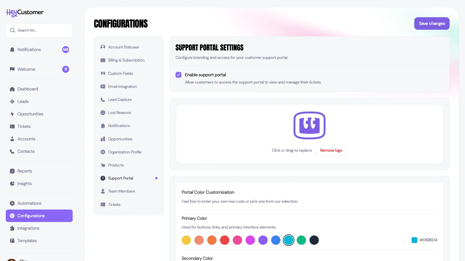 The Support Portal settings screen under Configurations. An Enable support portal checkbox is ticked, followed by a logo area showing the current logo with options to replace or remove it, then Portal Color Customization with a row of color swatches, a selected teal swatch and its hex code, above a Secondary Color section.