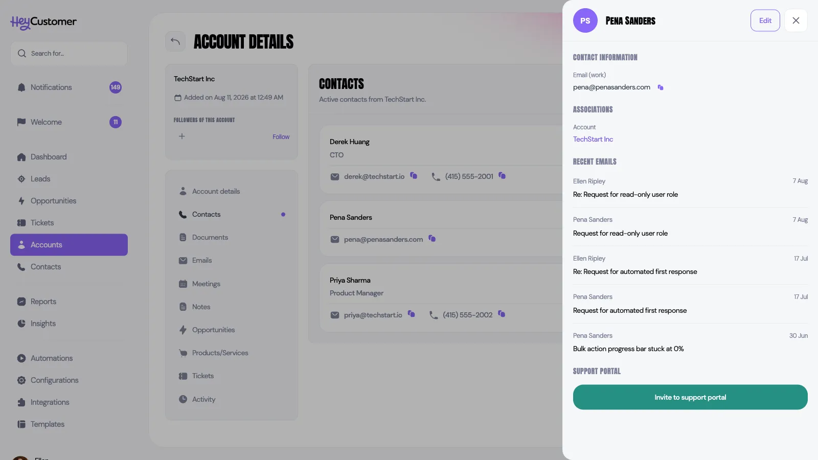 A contact panel for Pena Sanders open over an account's Contacts section, showing contact information, the associated account, a list of recent emails, and a Support Portal section at the bottom with a green Invite to support portal button.