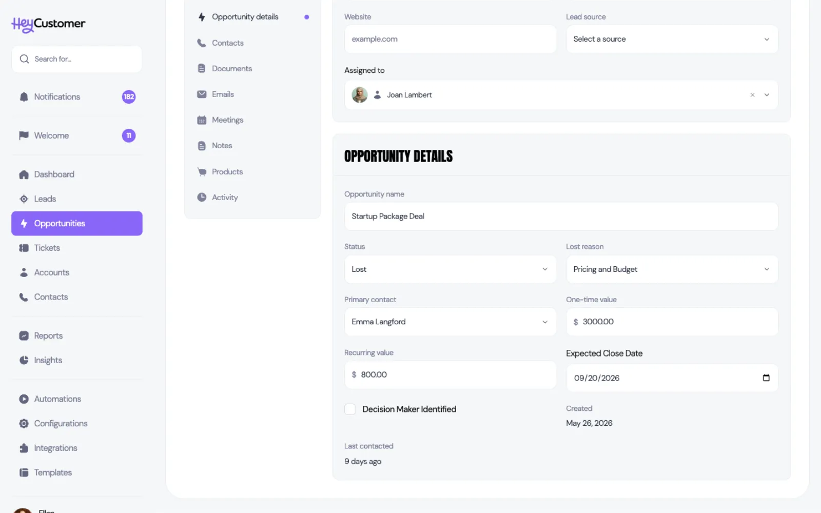 The Opportunity Details panel of an opportunity named Startup Package Deal. The Status dropdown reads Lost and a Lost reason dropdown beside it reads Pricing and Budget, above the primary contact, one-time and recurring values and an expected close date.