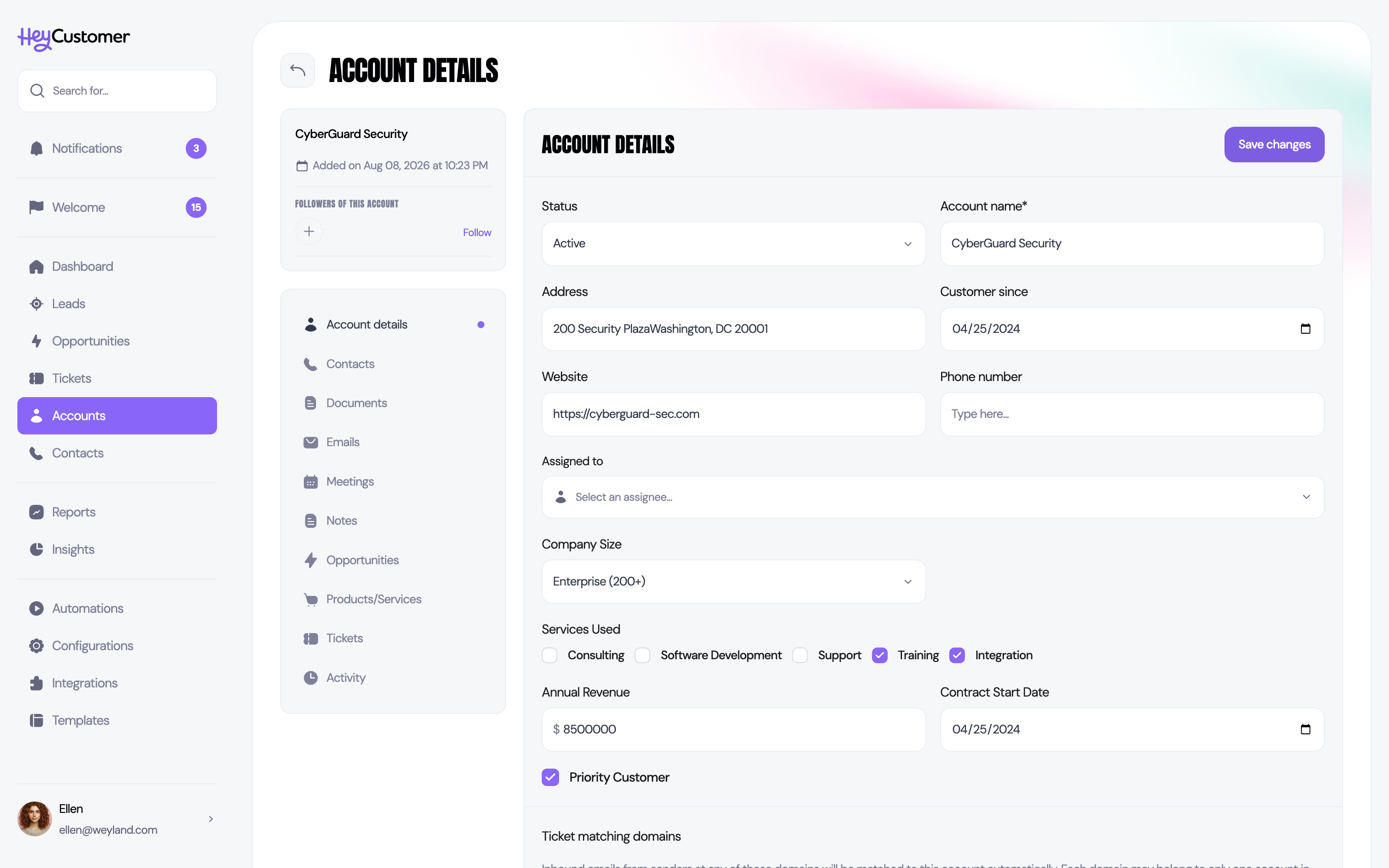 Account detail record with full customer history in Hey Customer