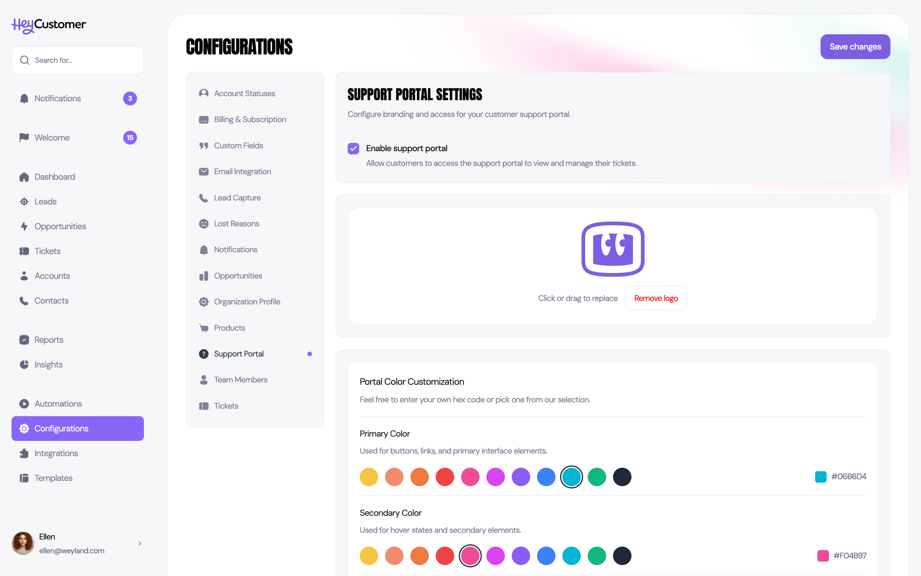 Branded customer support portal configuration in Hey Customer