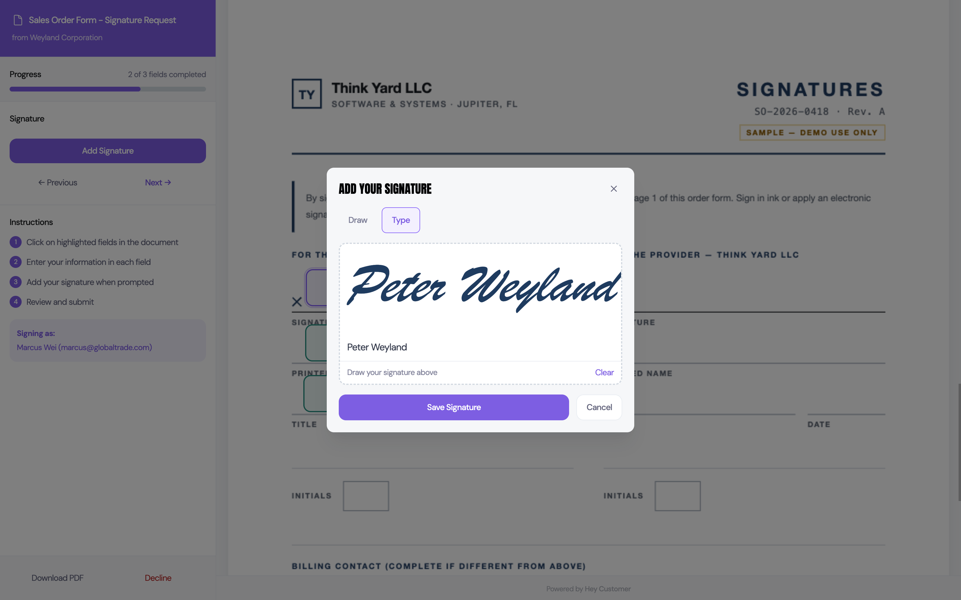 Signing a document electronically in Hey Customer