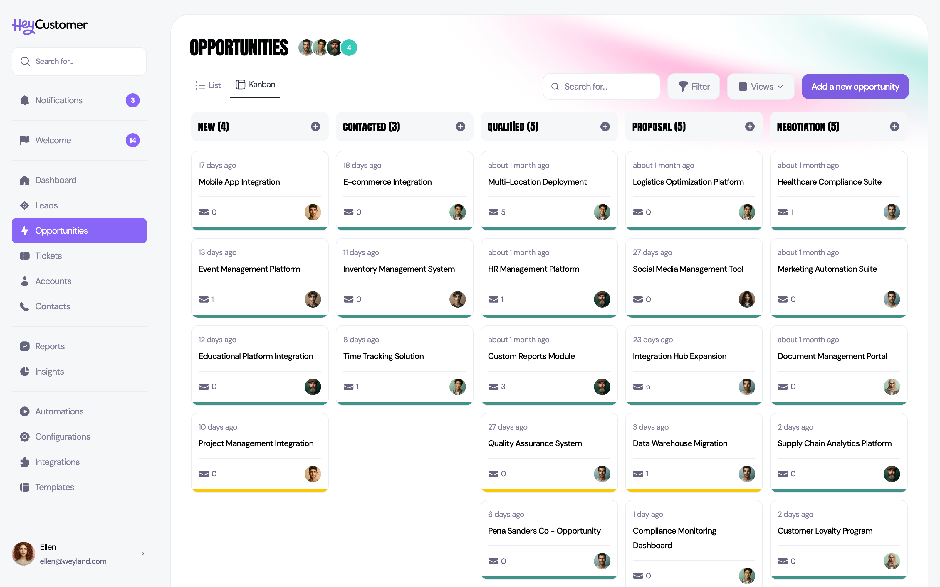 Sales pipeline kanban board with drag-and-drop stages in Hey Customer