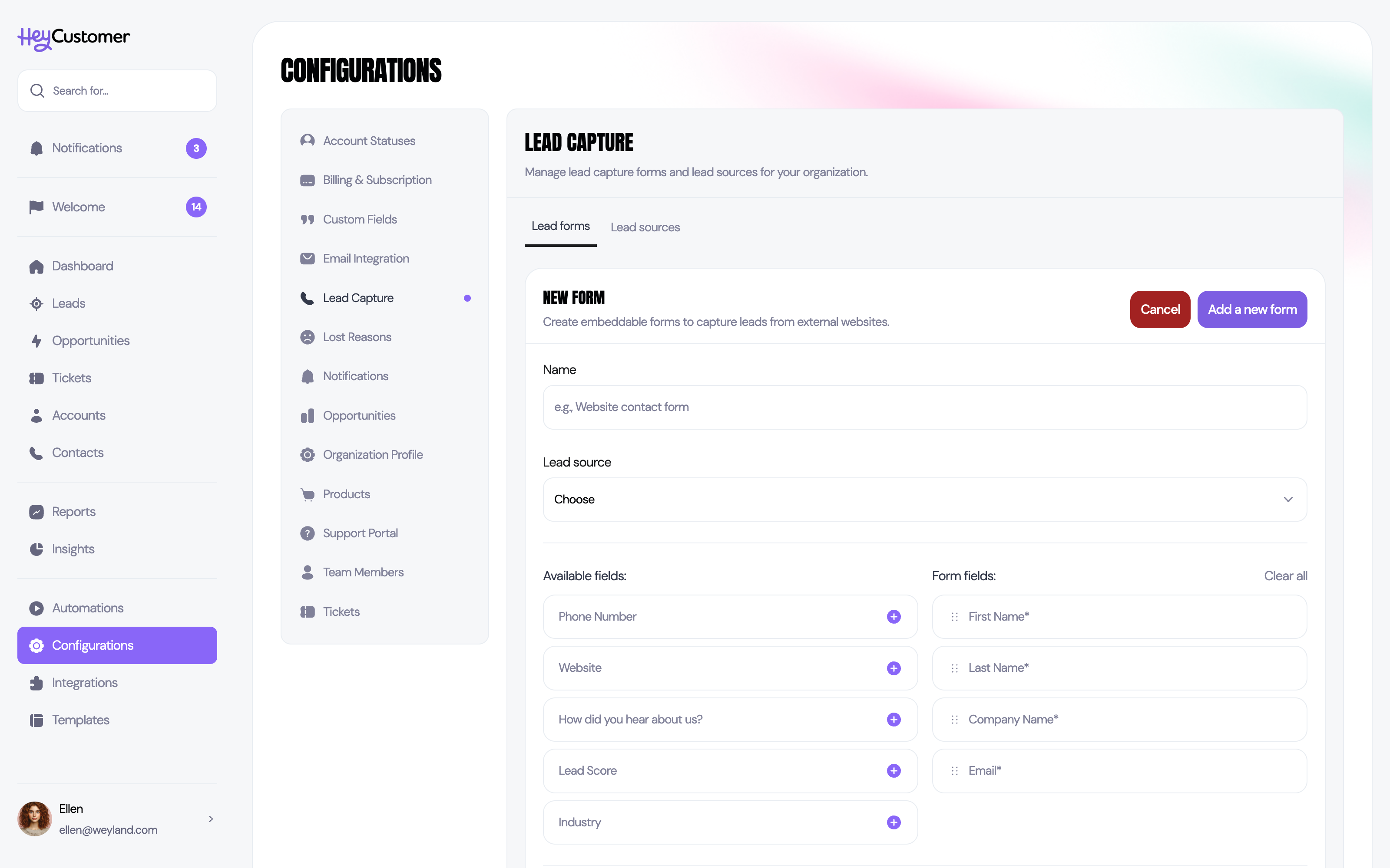 Lead capture form builder in Hey Customer