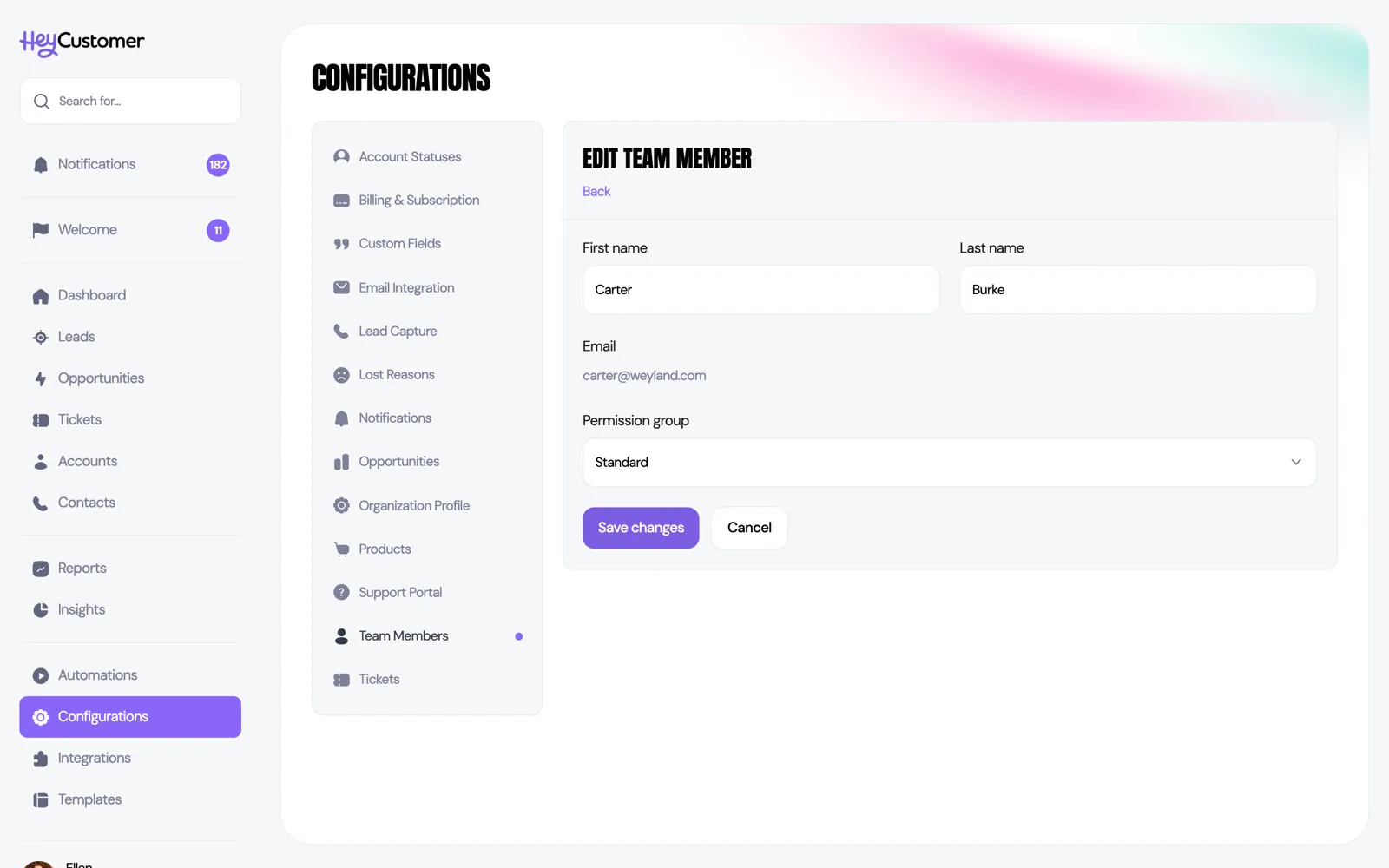 The edit screen for a team member, where their name can be changed and their permission group picked from a dropdown.