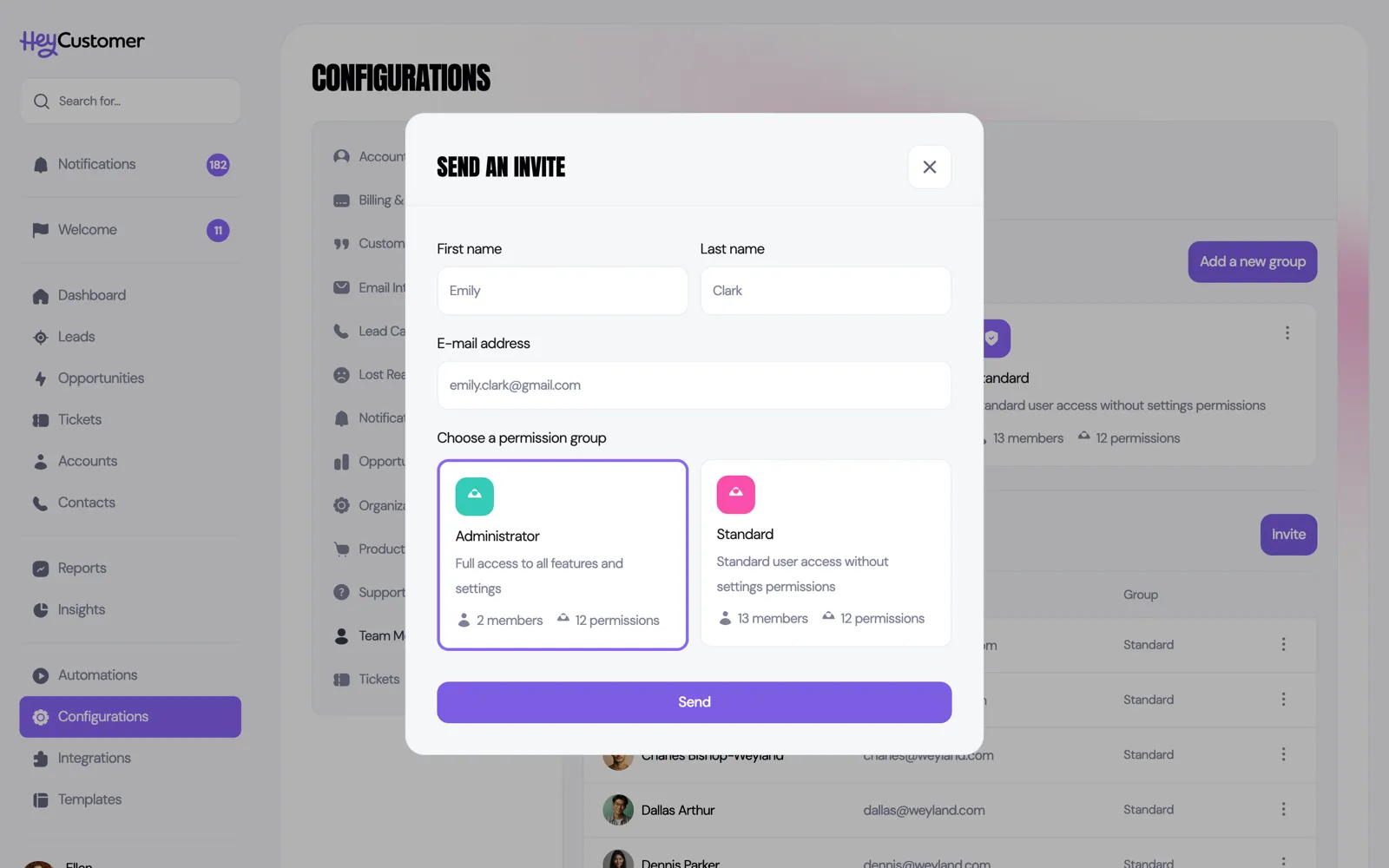 The Send an invite dialog, with First name, Last name and E-mail address boxes above a 'Choose a permission group' row showing the Administrator and Standard cards, each listing its member count and permission count, and a Send button.