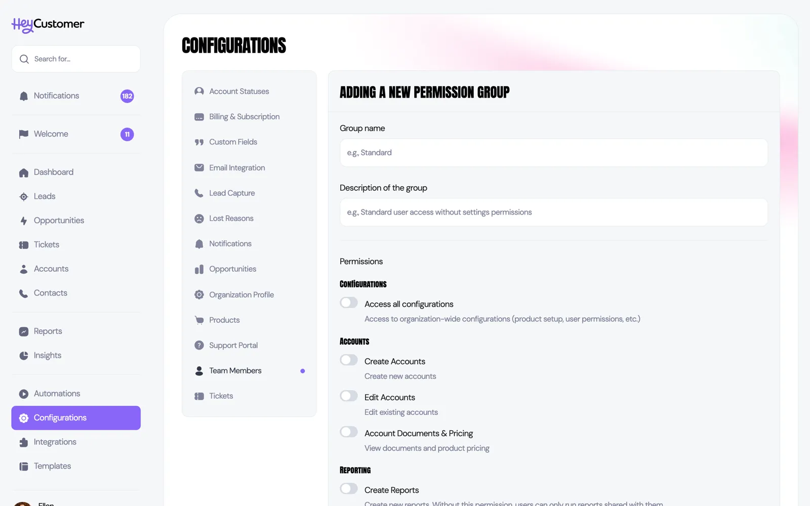 The new permission group form, with a name and description at the top and the permissions listed underneath as checkboxes grouped by area.