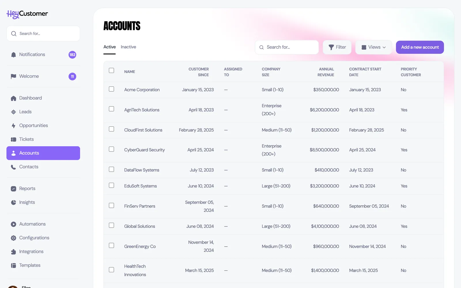 The Accounts list with a custom field showing as its own sortable column beside the built-in columns.