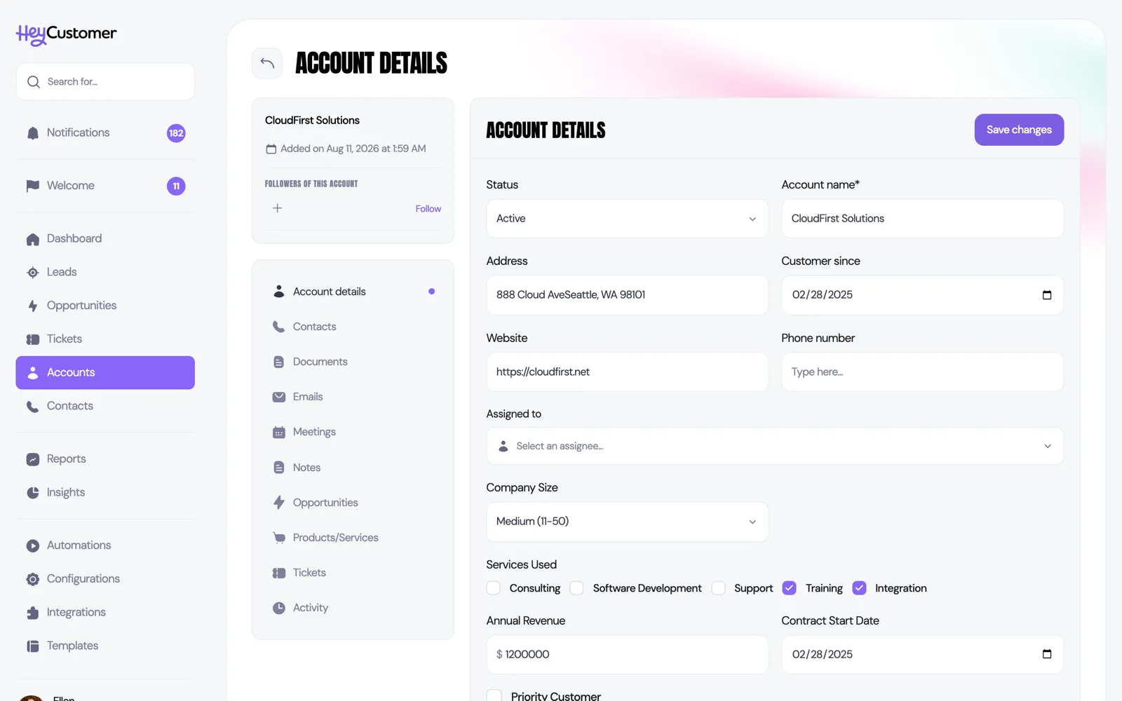 An account record showing its custom fields filled in alongside the standard account details.