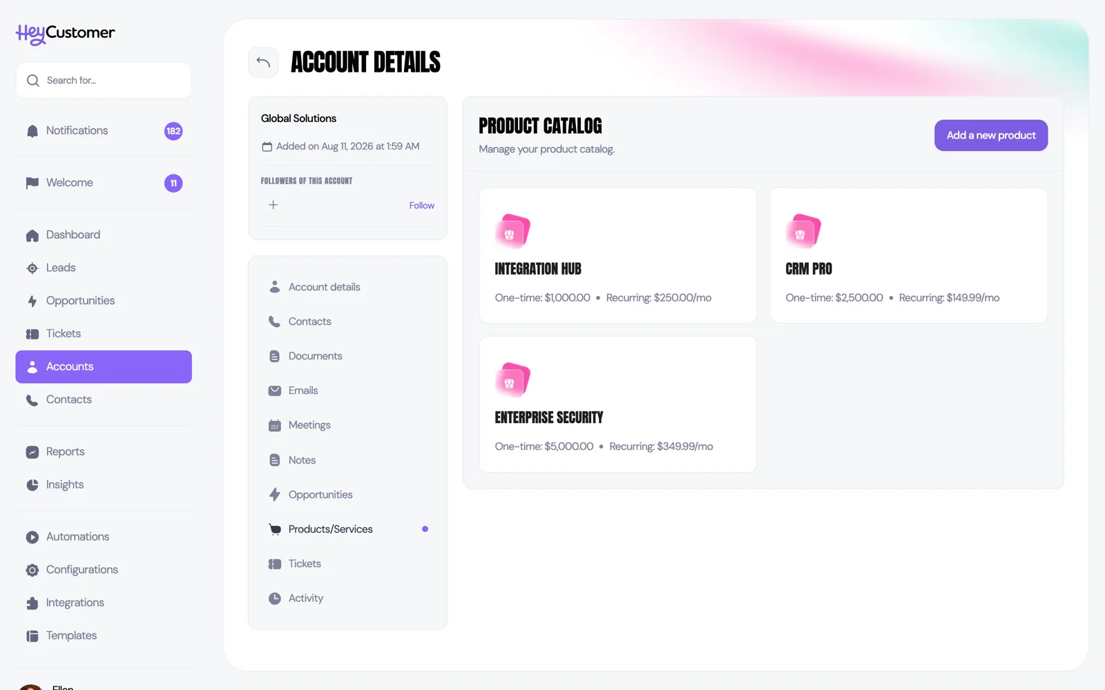 The Products/Services section of an account, showing each attached product as a tile with the prices this account pays.