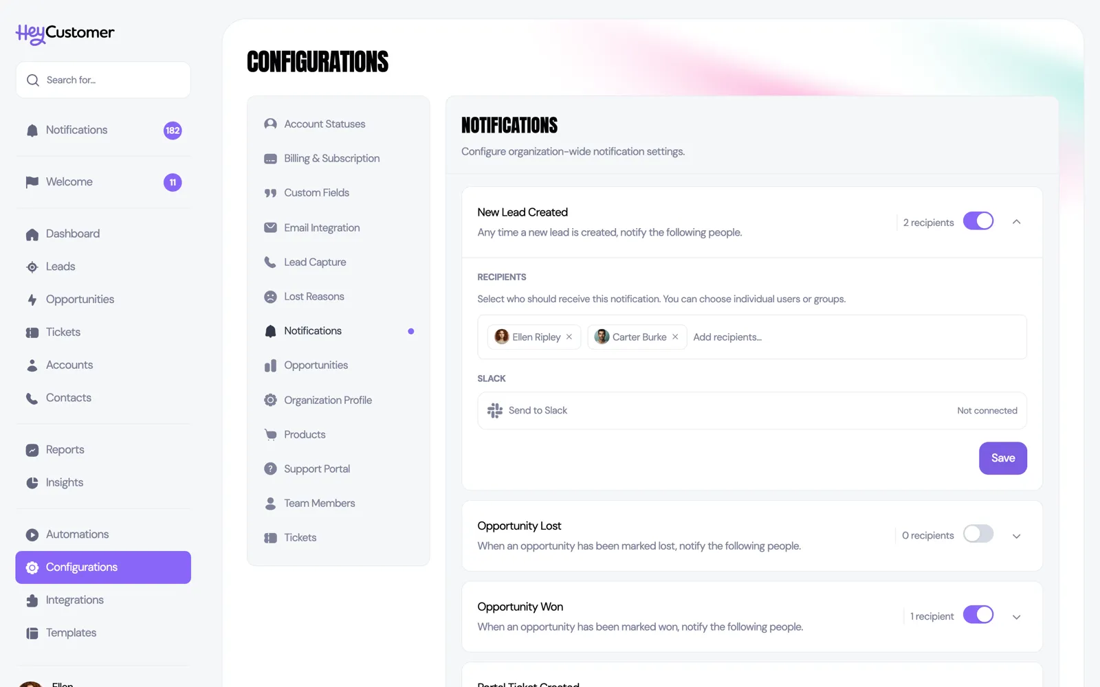 A notification rule expanded to show its settings: a Recipients box holding the chosen people as removable pills, a Slack section with a 'Send to Slack' row, and a Save button.