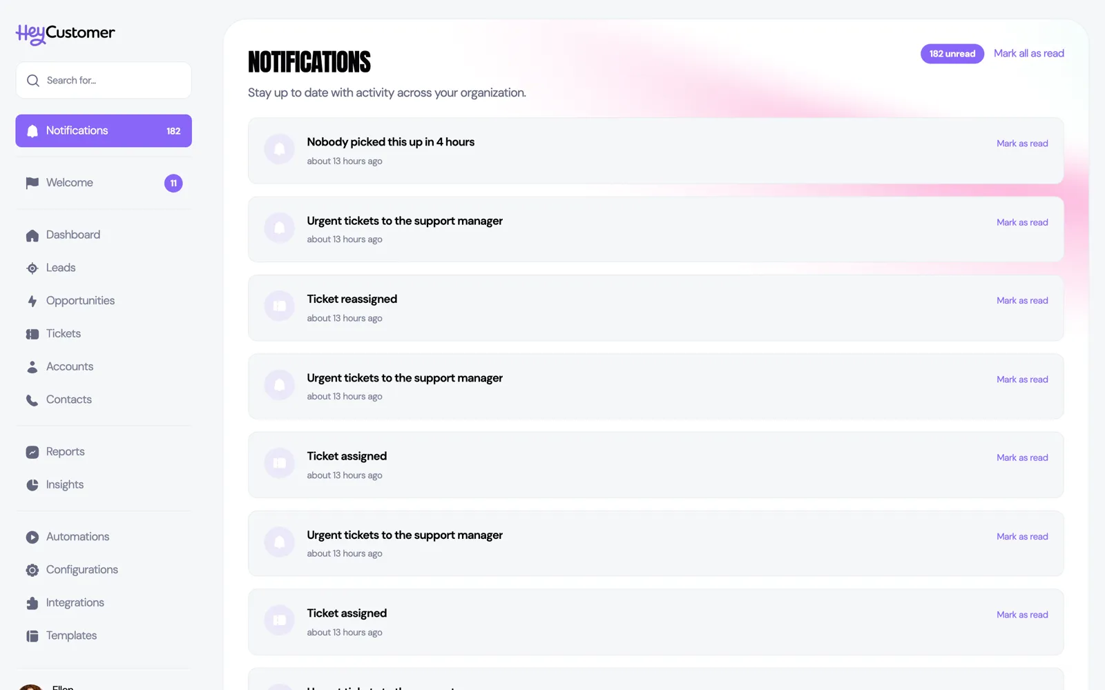 The Notifications screen, listing recent notifications with unread ones marked.