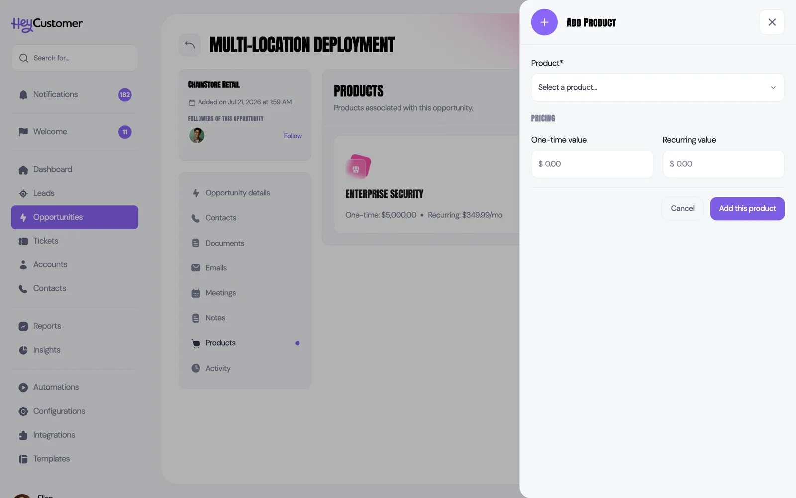 The Add Product panel open over a deal, with a 'Select a product…' dropdown above One-time value and Recurring value boxes, and an 'Add this product' button.