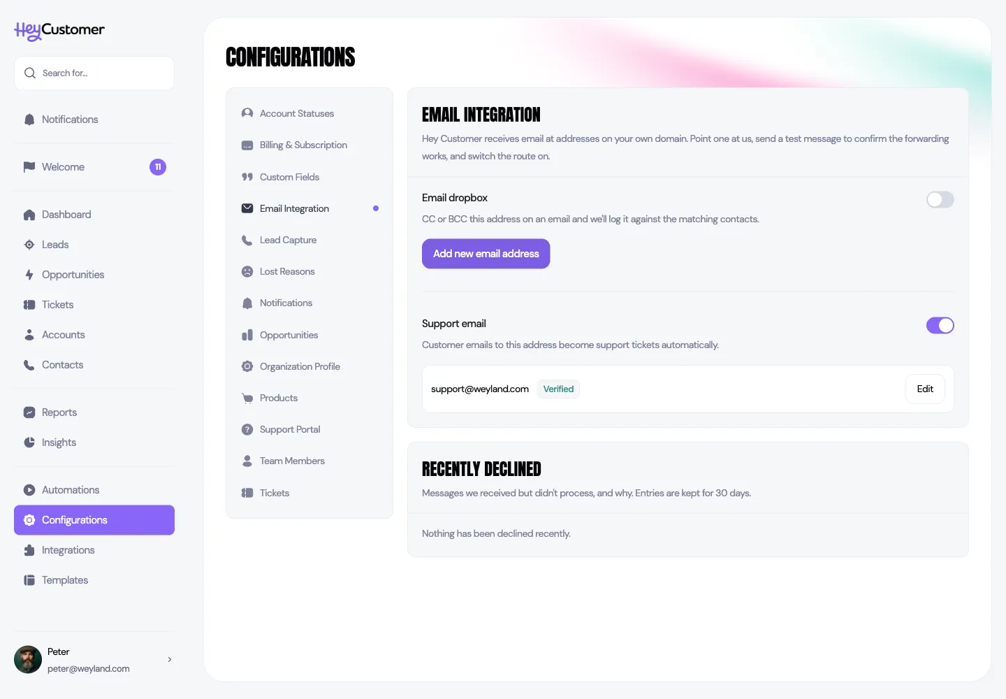 The Email Integration page under Configurations. The Email dropbox section has a switch turned off and an Add new email address button. The Support email section has its switch turned on and shows support@weyland.com with a green Verified label and an Edit button.