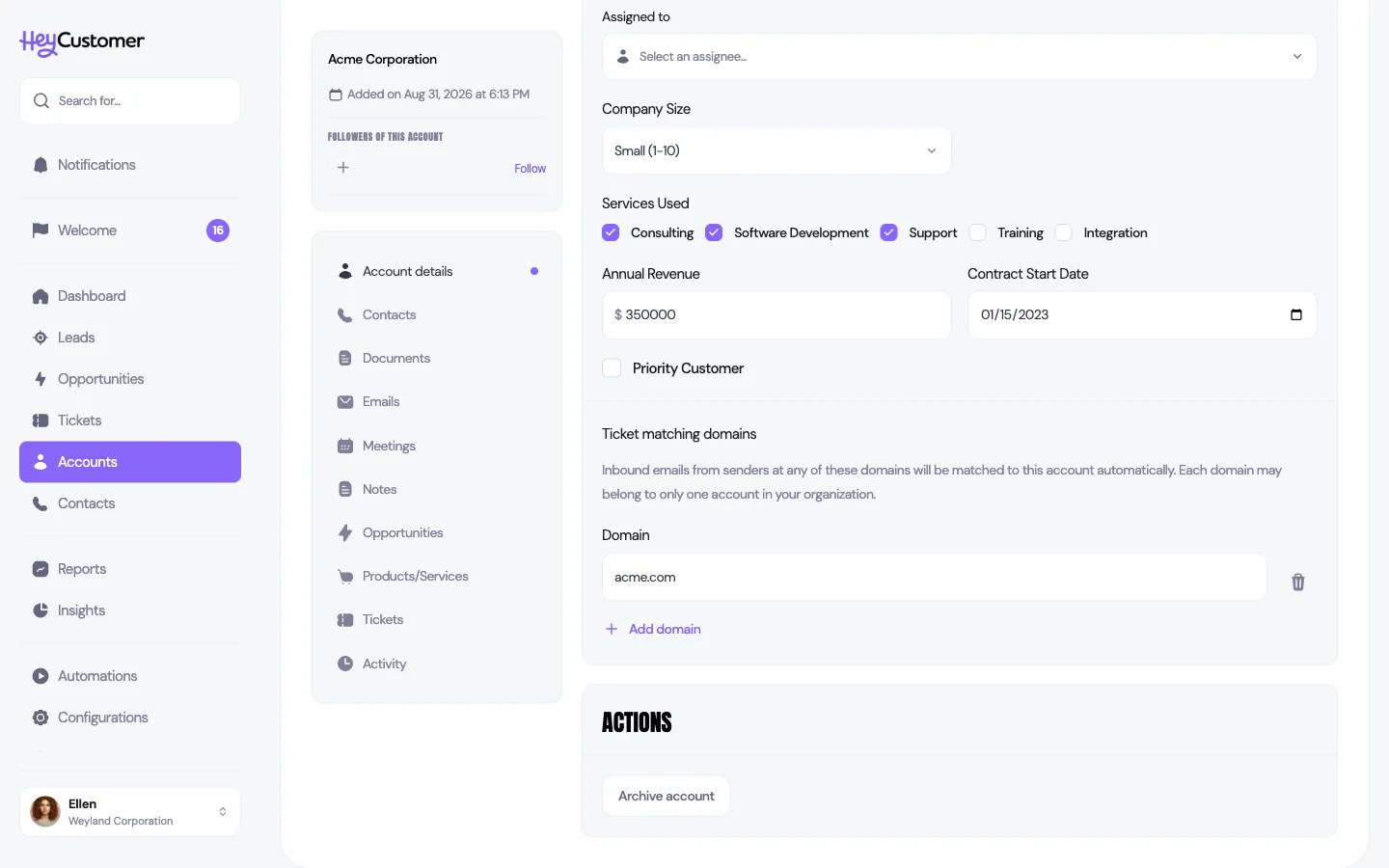The Ticket matching domains section on an account, explaining that inbound emails from senders at these domains are matched to the account automatically and that each domain may belong to only one account, with acme.com entered in a Domain field and an Add domain link below.