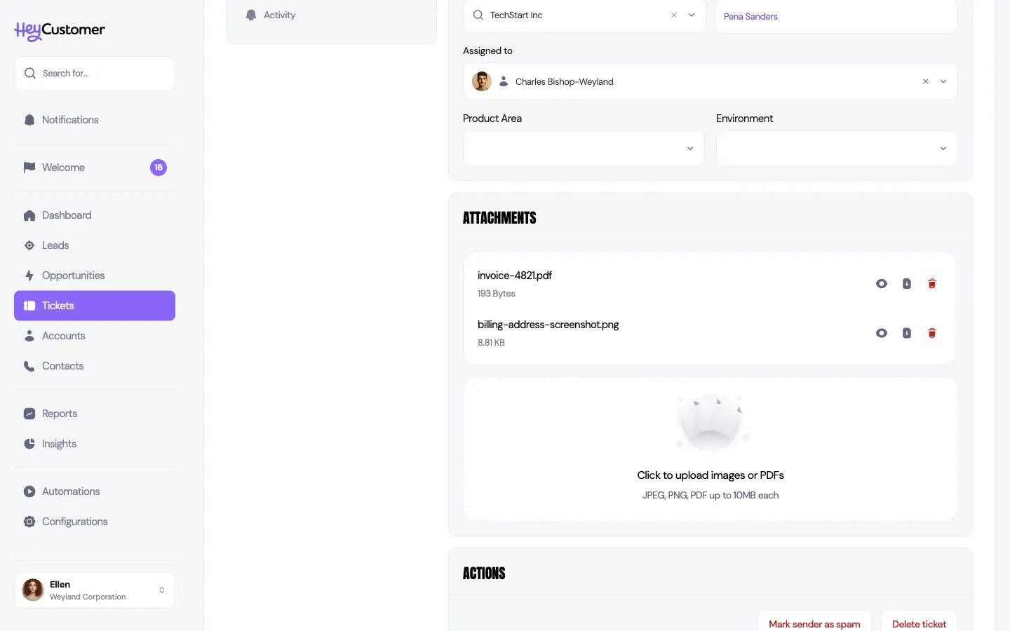 The Attachments panel at the foot of Ticket details, listing invoice-4821.pdf and billing-address-screenshot.png with their file sizes, each with an eye, download and remove icon on the right, above a drop zone reading Click to upload images or PDFs, JPEG PNG PDF up to 10MB each.