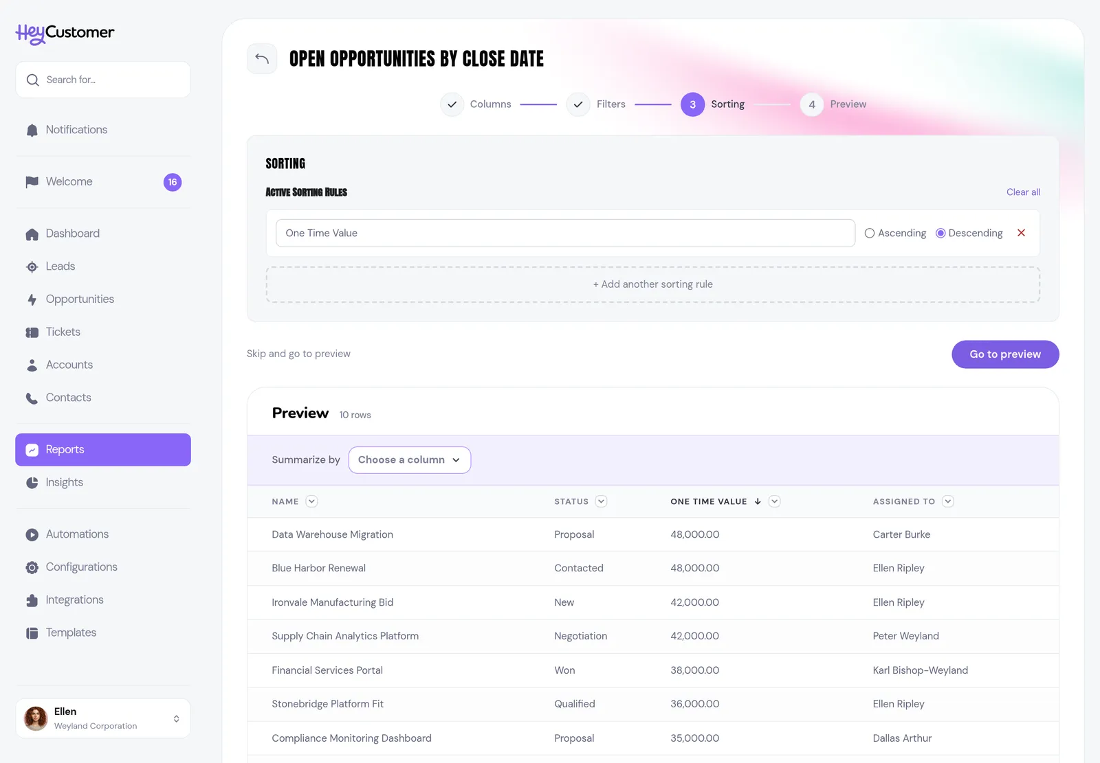 Step 3 of the report builder in Hey Customer, Sorting. One rule is set: One Time Value, Descending. The preview below is ordered by value, highest first.
