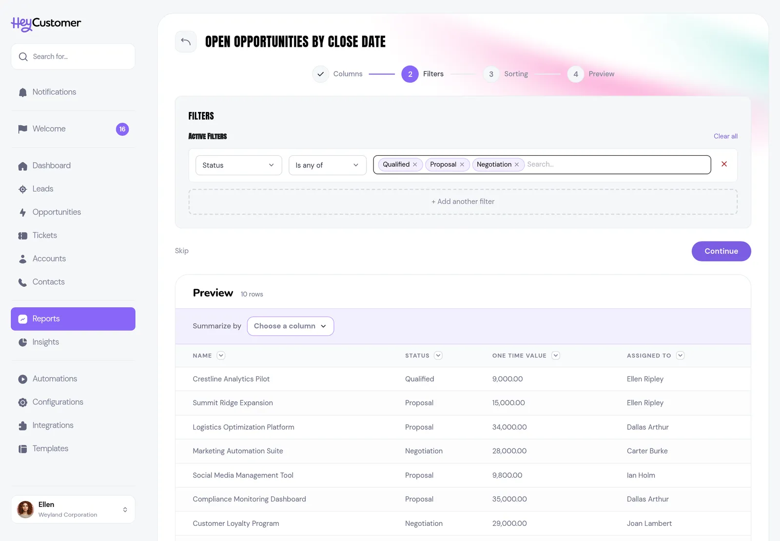 Step 2 of the report builder in Hey Customer, Filters. A single filter row reads Status, Is any of, with three chips for Qualified, Proposal and Negotiation. The preview below has narrowed to only opportunities in those three statuses.