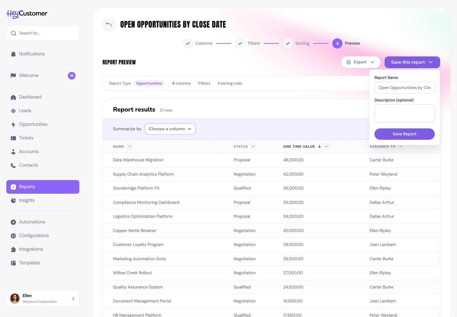 Step 4 of the report builder in Hey Customer, Preview. A summary bar reads Opportunities, 4 columns, 1 filters, 1 sorting rules, above the finished results. The Save this report menu is open with fields for report name and an optional description.