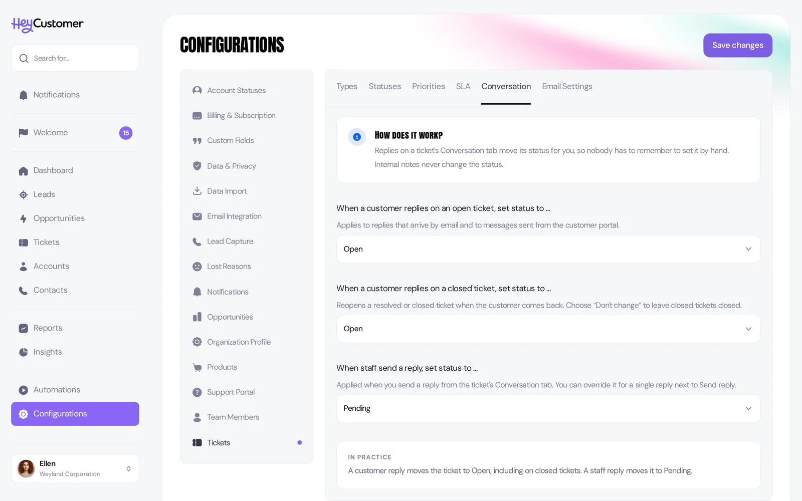 The Conversation tab under Configurations and Tickets, with three rules: when a customer replies on an open ticket set status to Open, when a customer replies on a closed ticket set status to Open, and when staff send a reply set status to Pending. An In practice panel below summarizes what those settings do.