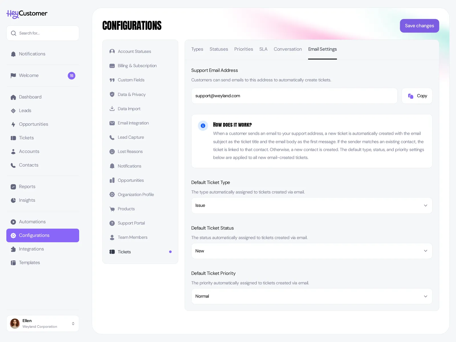 The Email Settings tab under Configurations and Tickets, showing the verified support address support@weyland.com with a Copy button, an explanation of how email tickets are created, and dropdowns for default ticket type set to Issue, status set to New, and priority set to Normal.