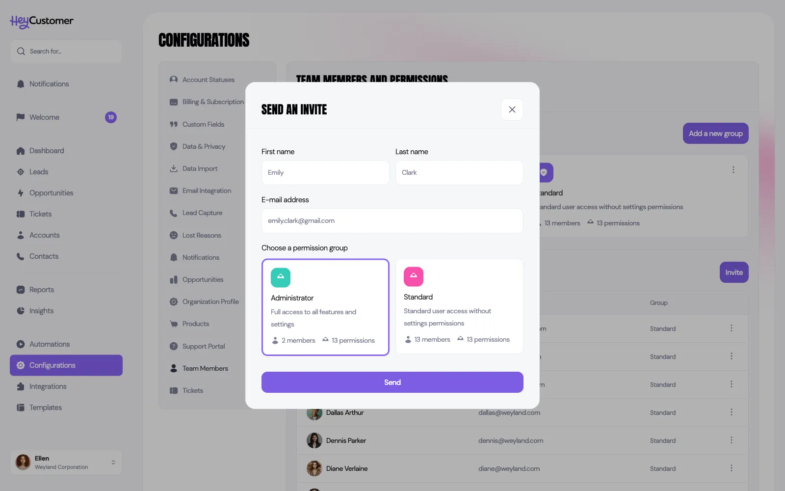 The Send an invite dialog, with First name, Last name and E-mail address boxes above a 'Choose a permission group' row showing the Administrator and Standard cards, each listing its member count and permission count, and a Send button.