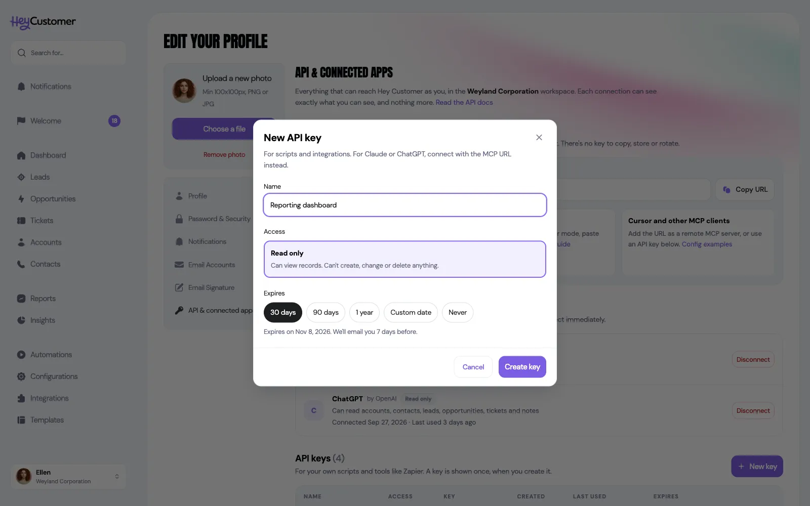 The New API key window, with the name Reporting dashboard filled in, Read only access, the Expires choices 30 days, 90 days, 1 year, Custom date and Never with 30 days selected, a note saying when the key expires and that you'll get an email 7 days before, and Cancel and Create key buttons.