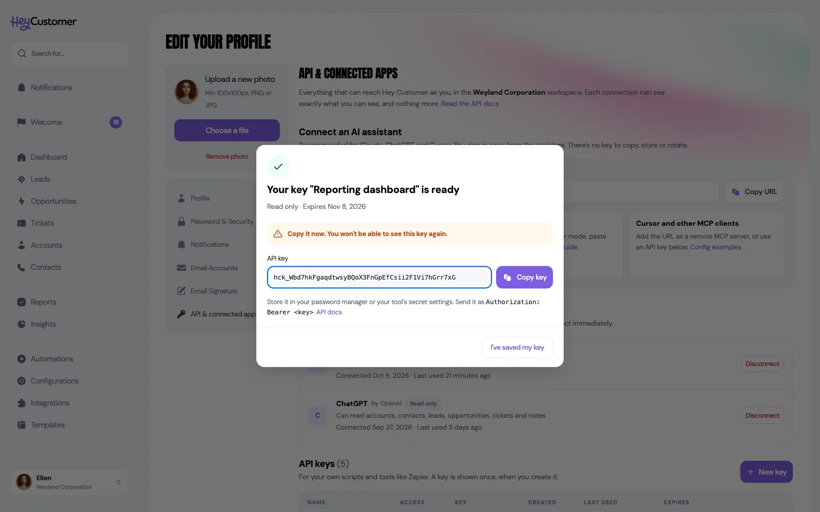 The window shown after creating a key: Your key Reporting dashboard is ready, Read only, with its expiry date, a warning to copy the key now because you won't see it again, the full key with a Copy key button, and an I've saved my key button.