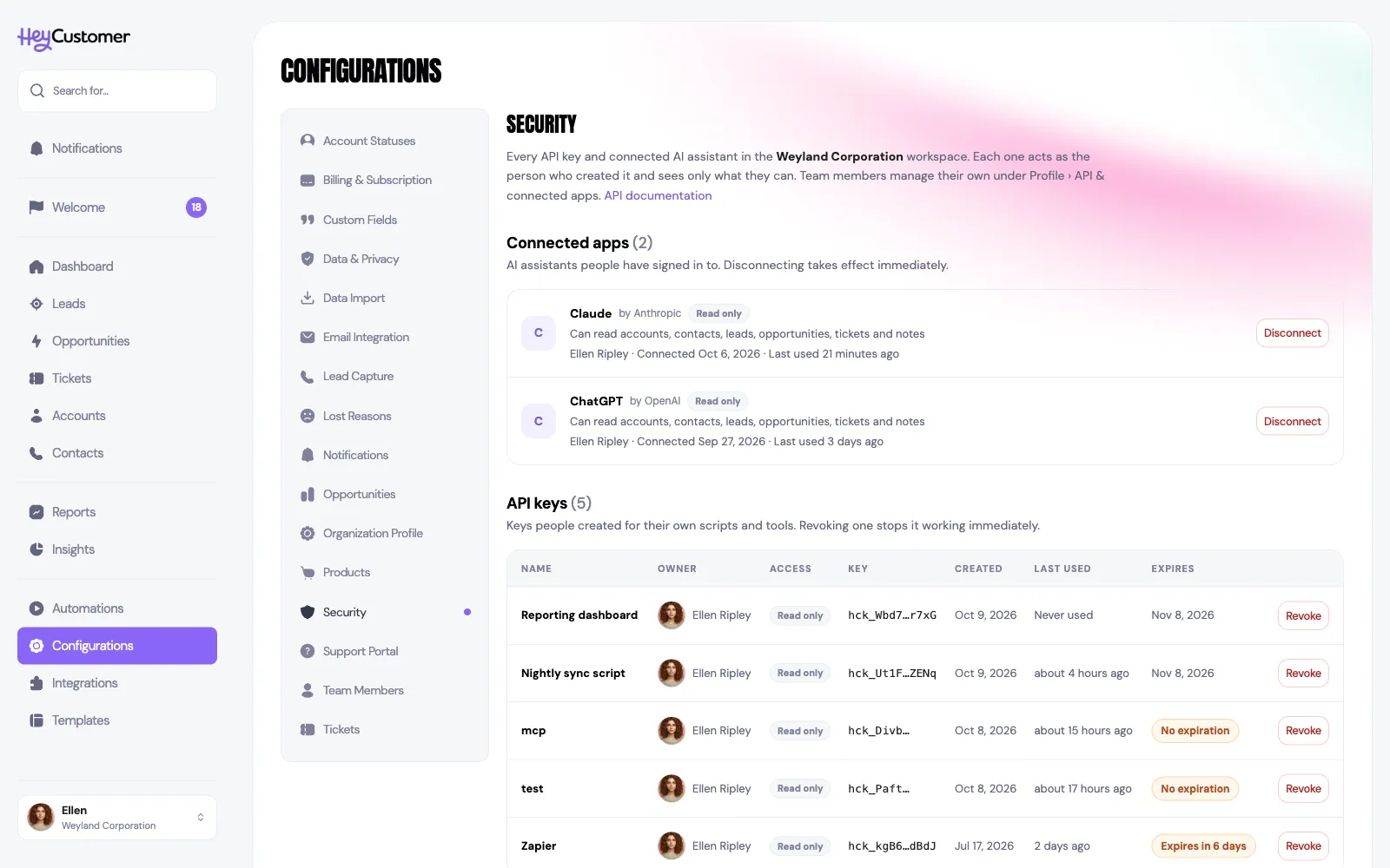The Security page under Configurations, listing the organization's connected AI assistants with the person who connected each, and every API key with its owner, access, masked key, dates and expiry, each with a Revoke or Disconnect button.