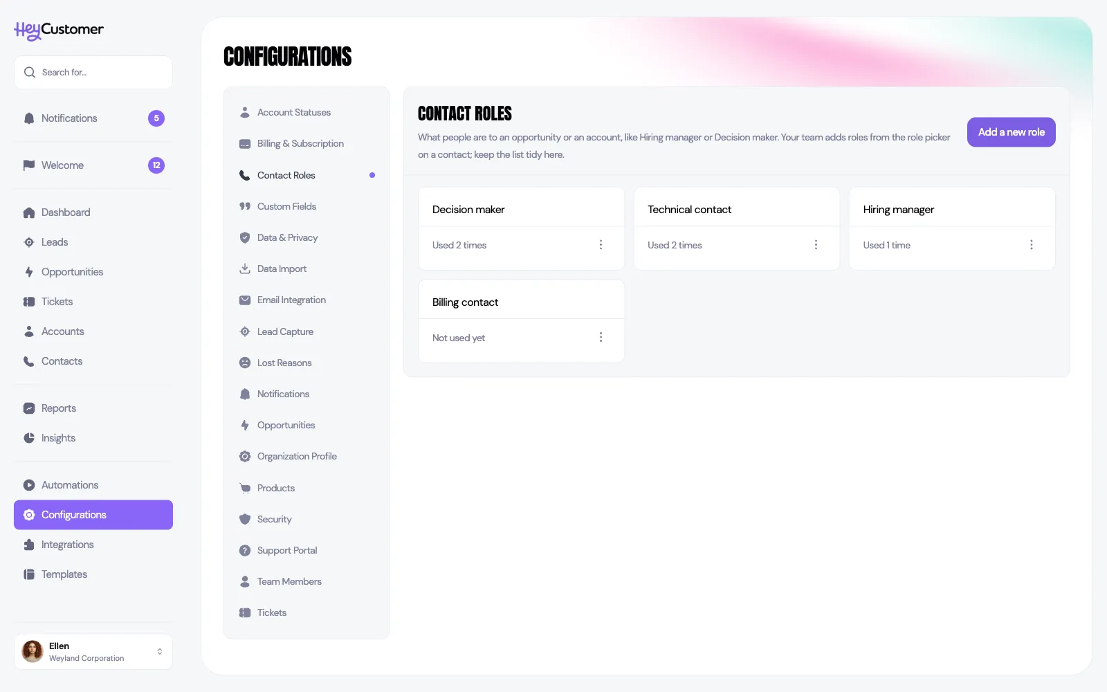The Contact Roles page under Configurations, showing cards for Decision maker, Technical contact, Hiring manager and Billing contact, each with how many times it's used and a menu button, and an Add a new role button at the top right.