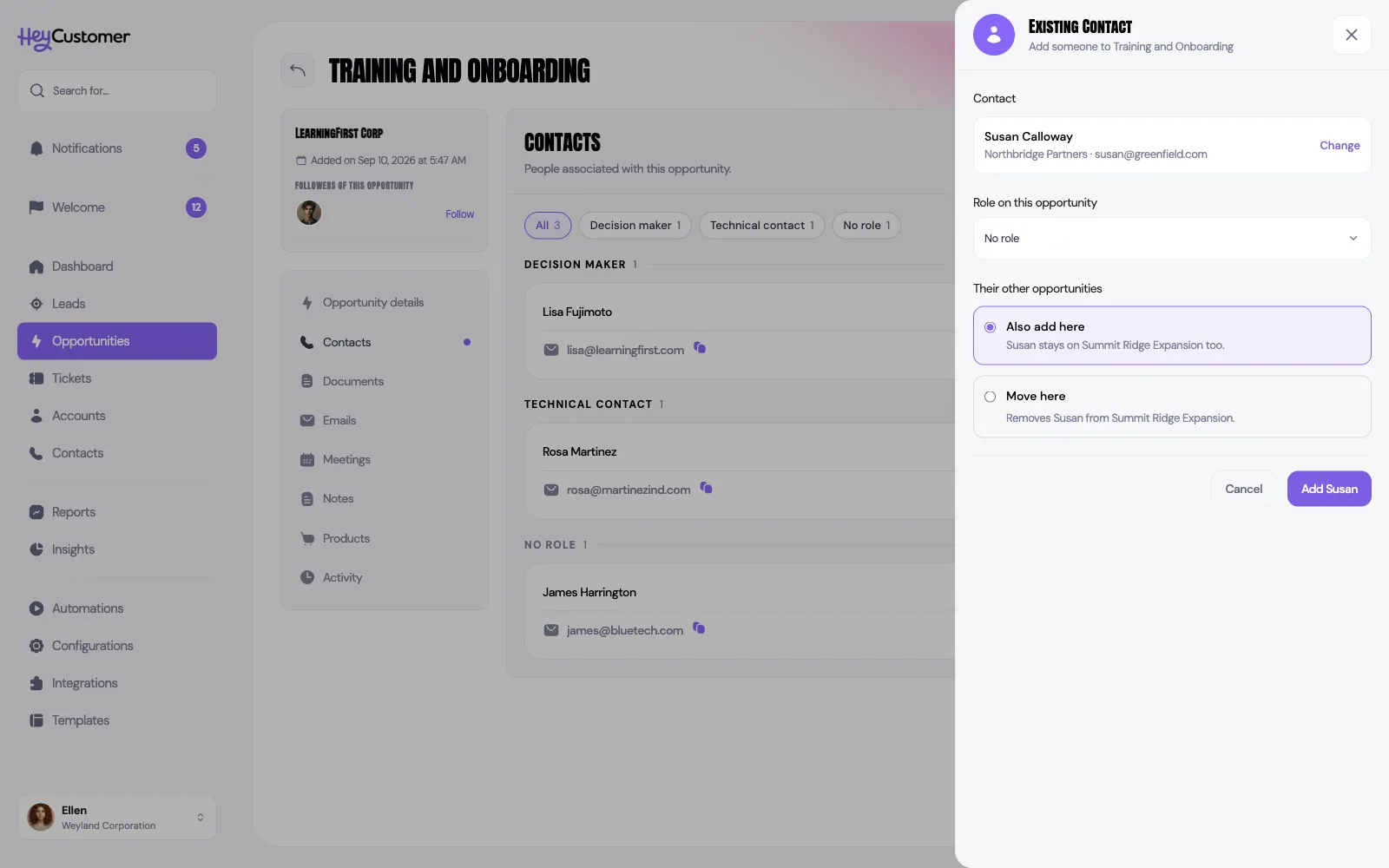 The Existing Contact panel adding Susan Calloway to an opportunity, with a Role on this opportunity field and two choices under Their other opportunities: Also add here, which is selected, and Move here, which would remove her from Summit Ridge Expansion.