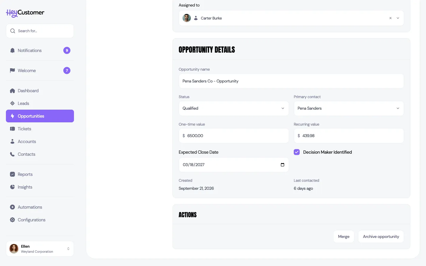 The bottom of an opportunity's page. Under Opportunity Details, an ACTIONS card holds two buttons, Merge and Archive opportunity.