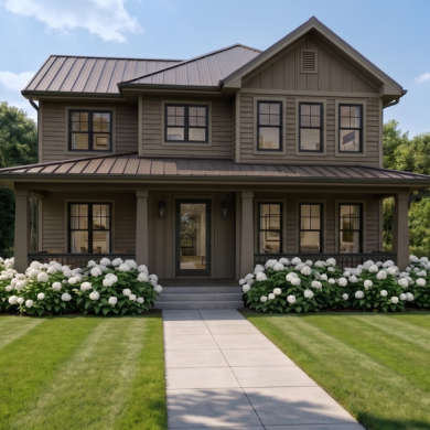 Two-story brown house with metal roof, a front porch, white flowers, and a concrete walkway on the lawn.