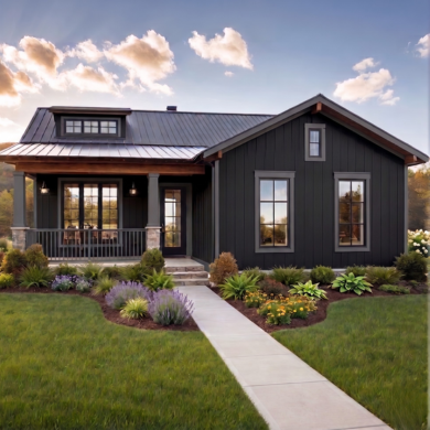 Modern black house with a metal roof, front porch, landscaped yard, and concrete walkway under a cloudy sky.