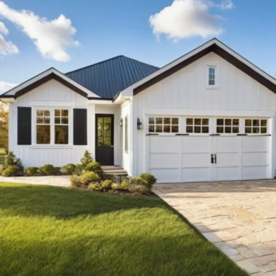 White modern house with black roof, two-car garage, windows with shutters, and green lawn.