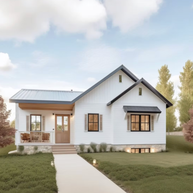 Modern white house with black trim, front porch, and large grassy lawn under a partly cloudy sky.