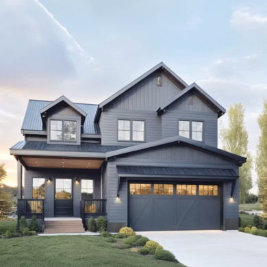 Modern two-story house with dark gray siding, front porch, and double garage in a landscaped yard.