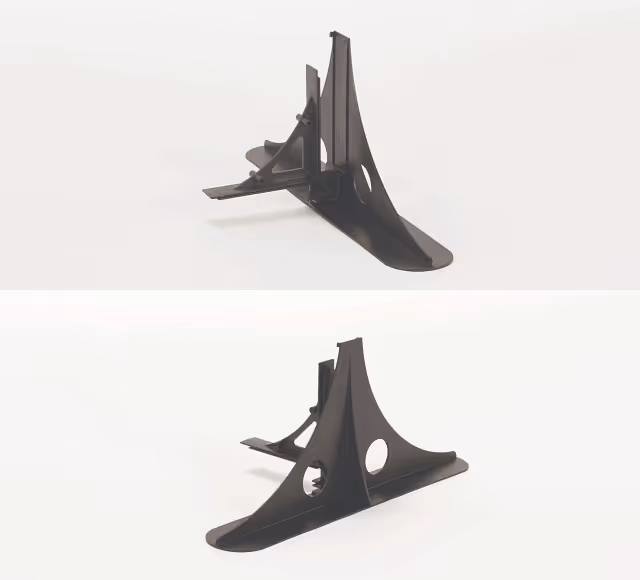 Black V-shaped plastic stand base with holes, shown from two angles on a white background.