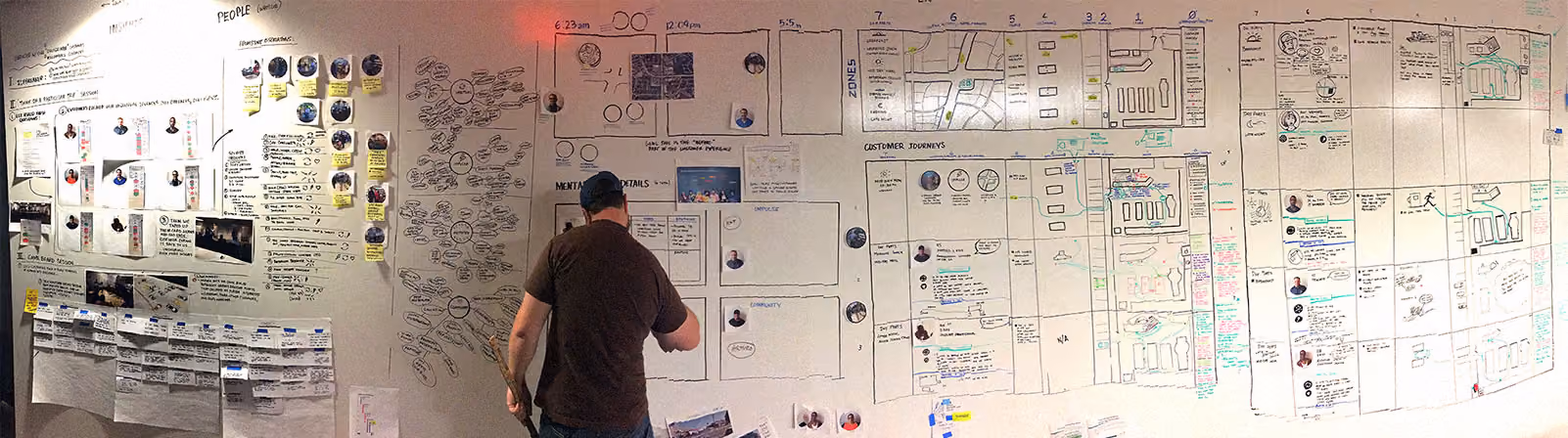Person writing on a large whiteboard filled with organized notes, photos, diagrams, and timelines for project planning or brainstorming.