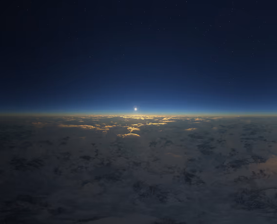 Sunrise above a vast layer of clouds with a dark blue starry sky overhead.
