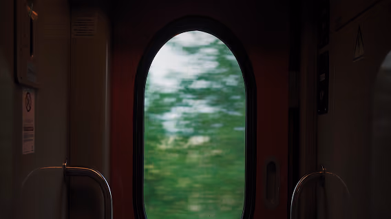 Blurred green landscape visible through an arched train window with metal handrails inside.