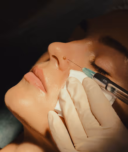 Close-up of a person receiving an injection near a mole on the nose, with a gloved hand holding a syringe and a cotton pad.