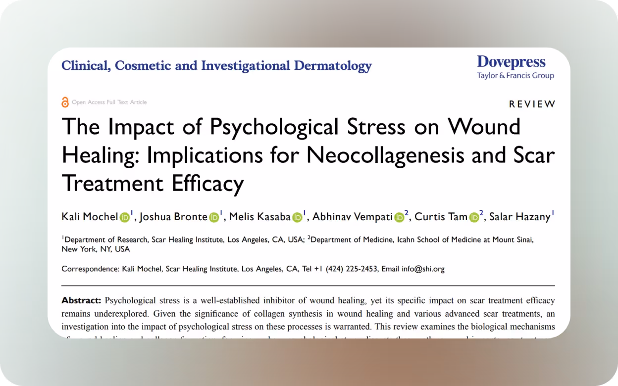 Title page of a scholarly article titled 'The Impact of Psychological Stress on Wound Healing: Implications for Neocollagenesis and Scar Treatment Efficacy' from Clinical, Cosmetic and Investigational Dermatology by authors Kali Mochel et al.