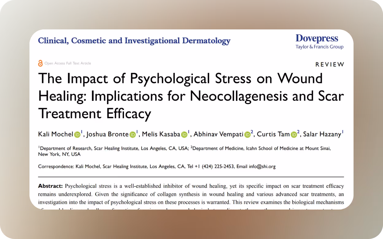 Title page of a research review article on the impact of psychological stress on wound healing and scar treatment efficacy, published by Dove Press in Clinical, Cosmetic and Investigational Dermatology.