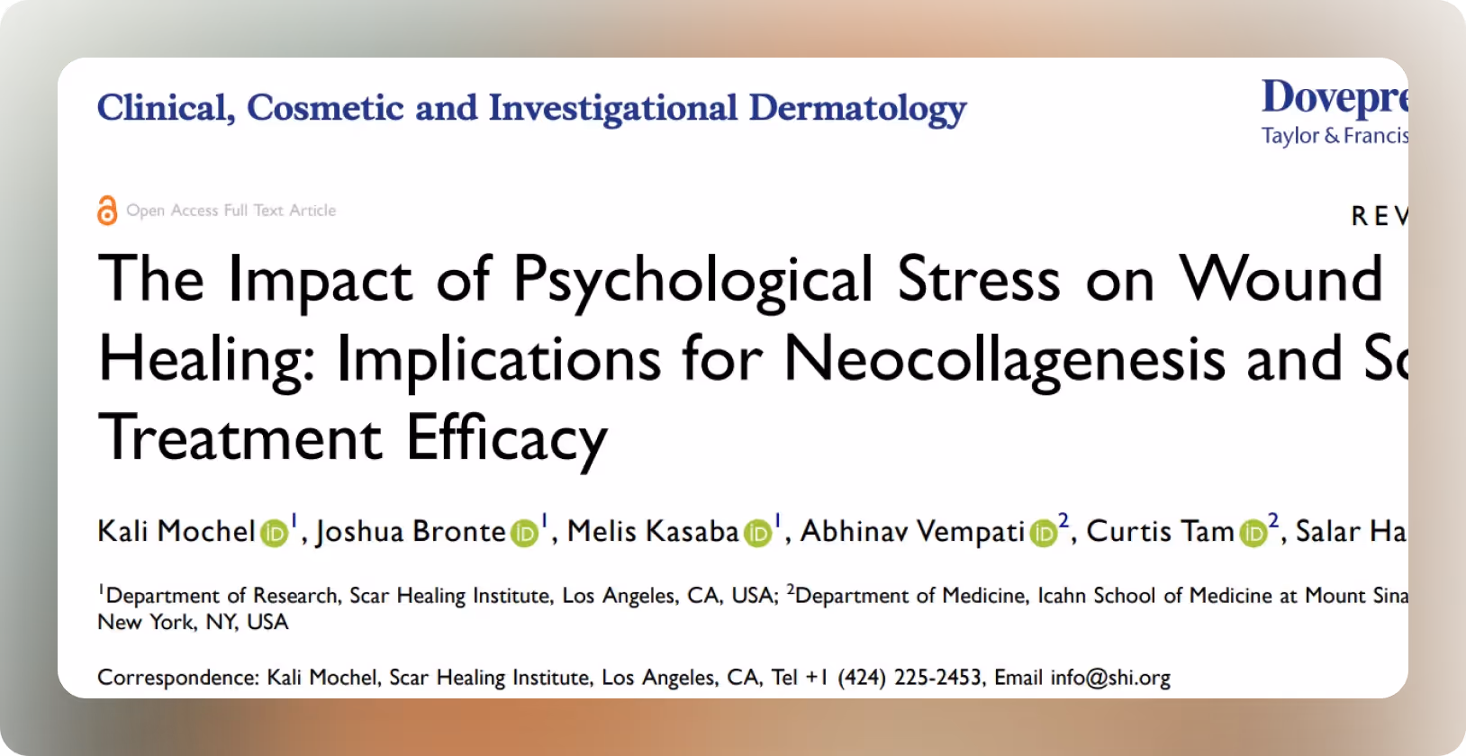 Article titled The Impact of Psychological Stress on Wound Healing: Implications for Neocollagenesis and Treatment Efficacy from Clinical, Cosmetic and Investigational Dermatology journal.