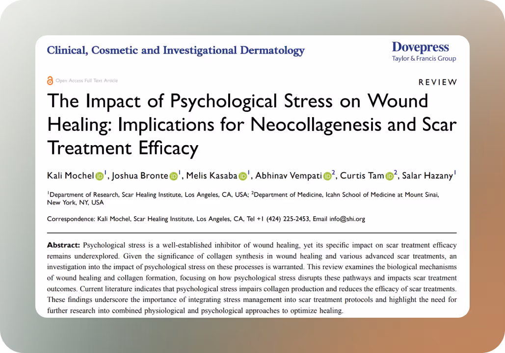 Title page of a review article on the impact of psychological stress on wound healing and scar treatment efficacy, published by Clinical, Cosmetic and Investigational Dermatology, listing authors and abstract summary.