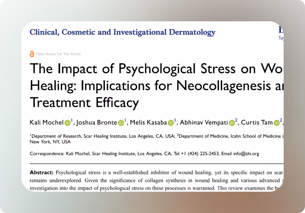 Title page of a research article from Clinical, Cosmetic and Investigational Dermatology on the impact of psychological stress on wound healing and neocollagenesis, listing authors and affiliations.